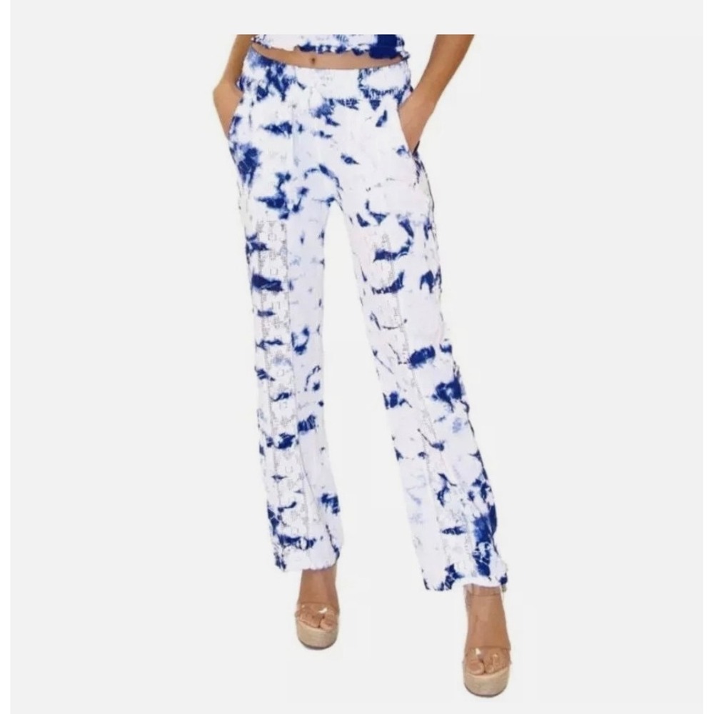 Seaspice Resort Wear Womens XXL Tie Dye Blue Peruvian Cotton Lace Trim Pants NEW